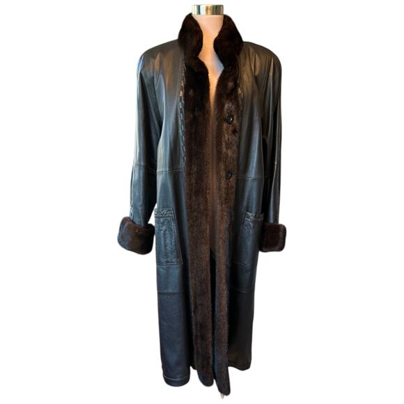 EUC Deep Brown Leather Maxi Coat With Mink Trim Whipstitch Detail Fits Wmns M/L - Picture 1 of 12